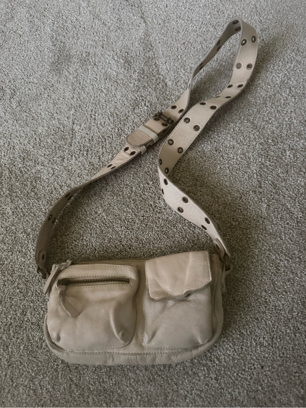 Free People Cream Leather Studded-Strap Crossbody